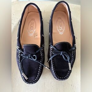 Tod's Women's Dark Suede Loafers with Bow